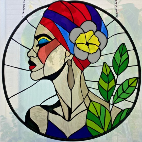 Art Deco Woman Stained Glass Panel