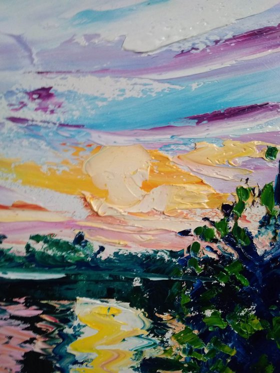 Sunset at the river. Pleinair painting