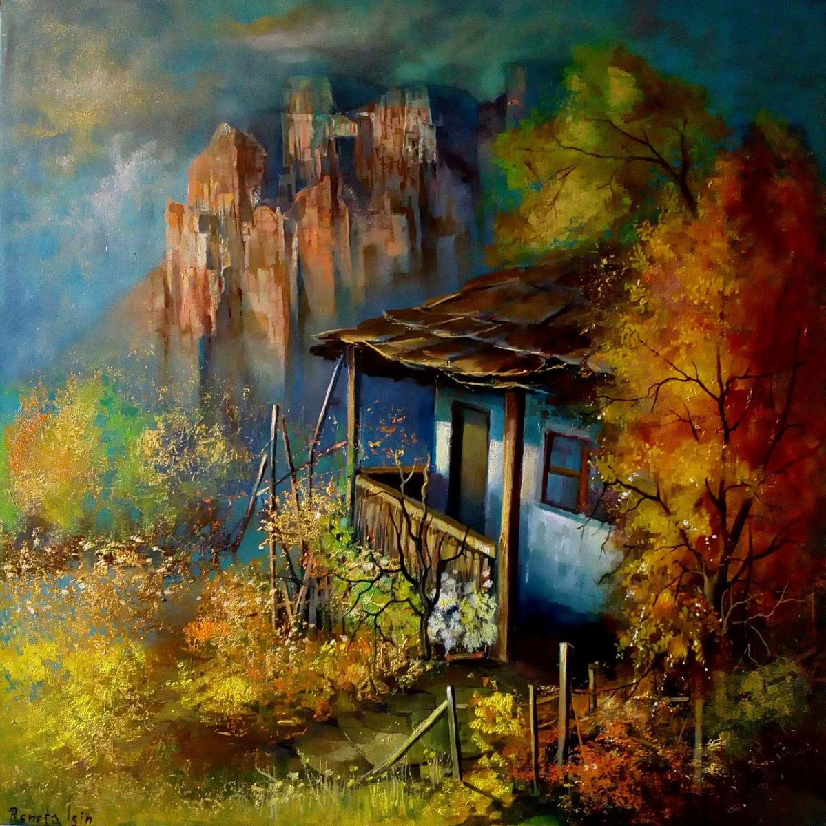 Impressionistic Landscape Oil Painting By Reneta Isin, 31 X 31", " Nostalgia ", Original Artwork