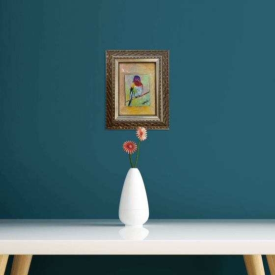 Hummingbird  oil painting on a gessoed masonite mounted on gessoed panelboard 4x6