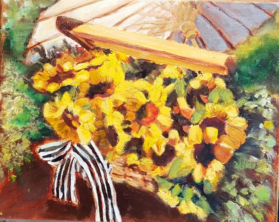 Sunflowers in Central Park in oil