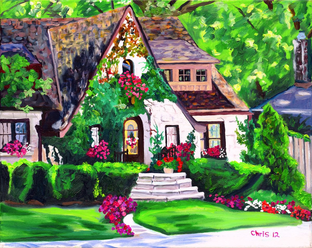 Impressionistic Cityscapes Oil Painting By Christina M Plichta, 23 X 19, Tudor With Petunias, Original Artwork