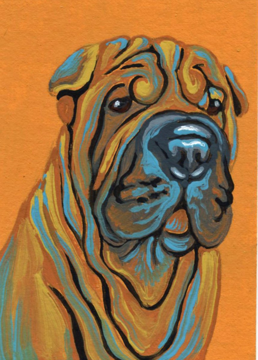 ACEO ATC Original Miniature Painting Colorful Shar-Pei Pet Dog Art-Carla Smale by carla smale
