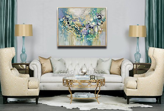 Summer Dream - Original Abstract Teal Blue Gray Gold Large Painting, Living Room Art, Minimalist Art, Wall Art Decor