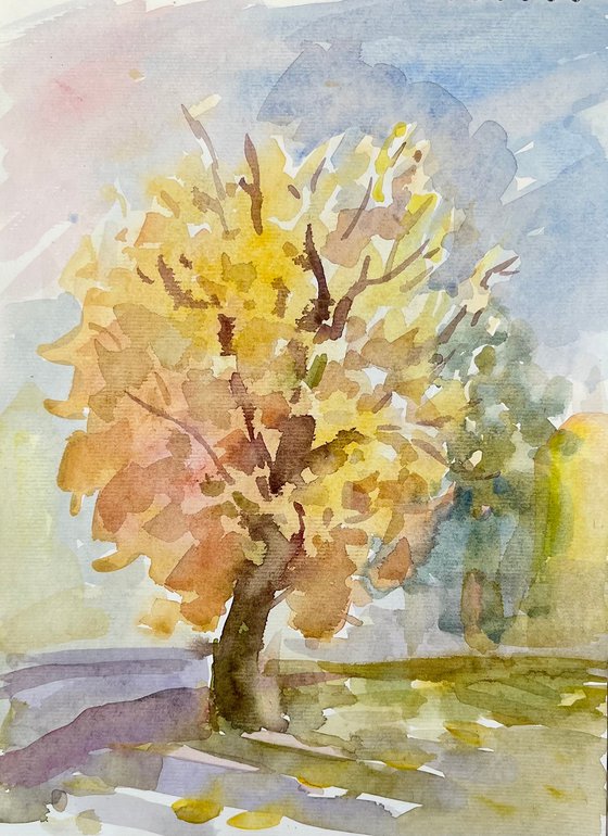 Indian summer golden tree, original watercolour artwork