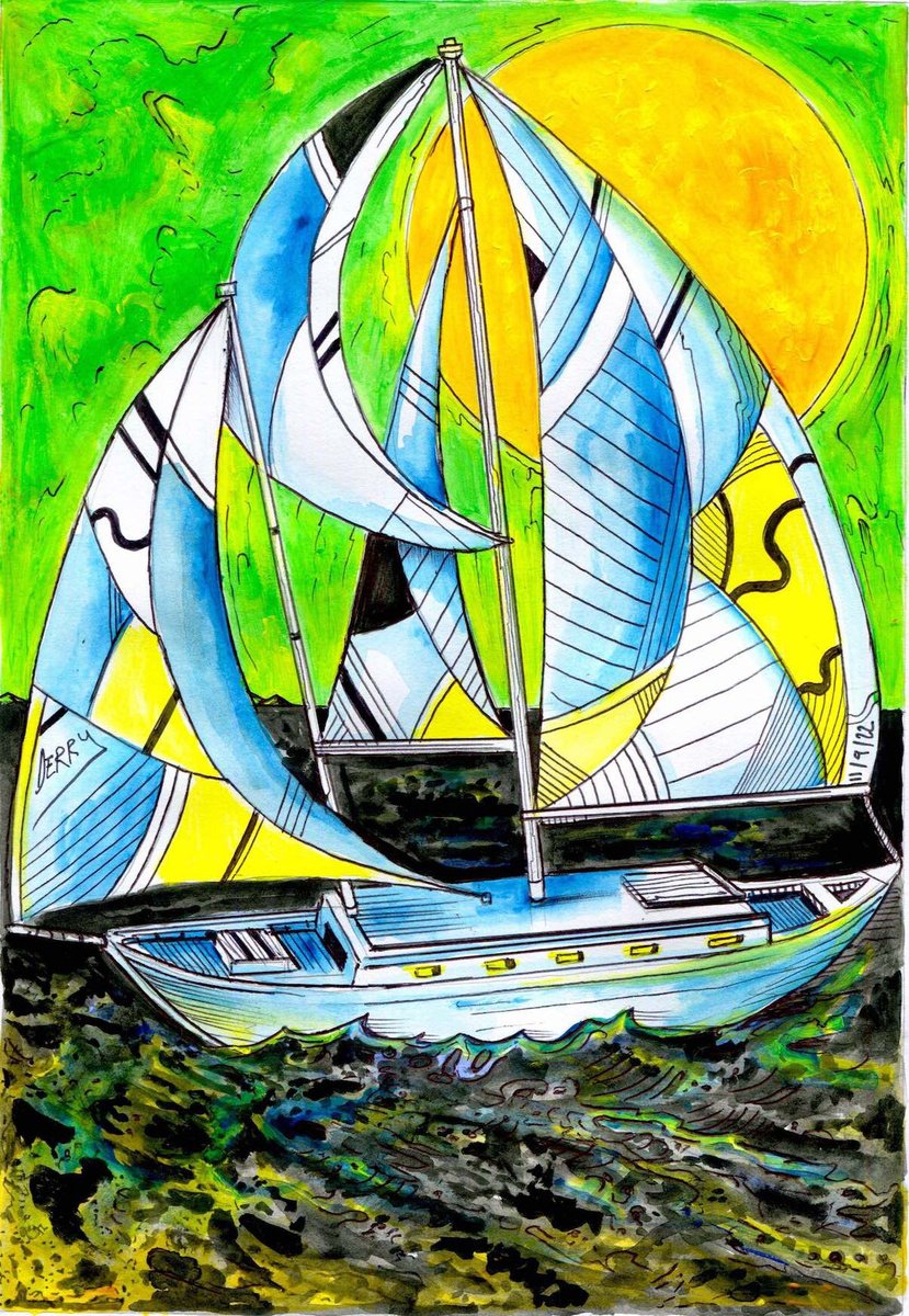 Expressive Landscape Drawing By Spencer John Derry, 8 X 12", Sailing, Original Artwork