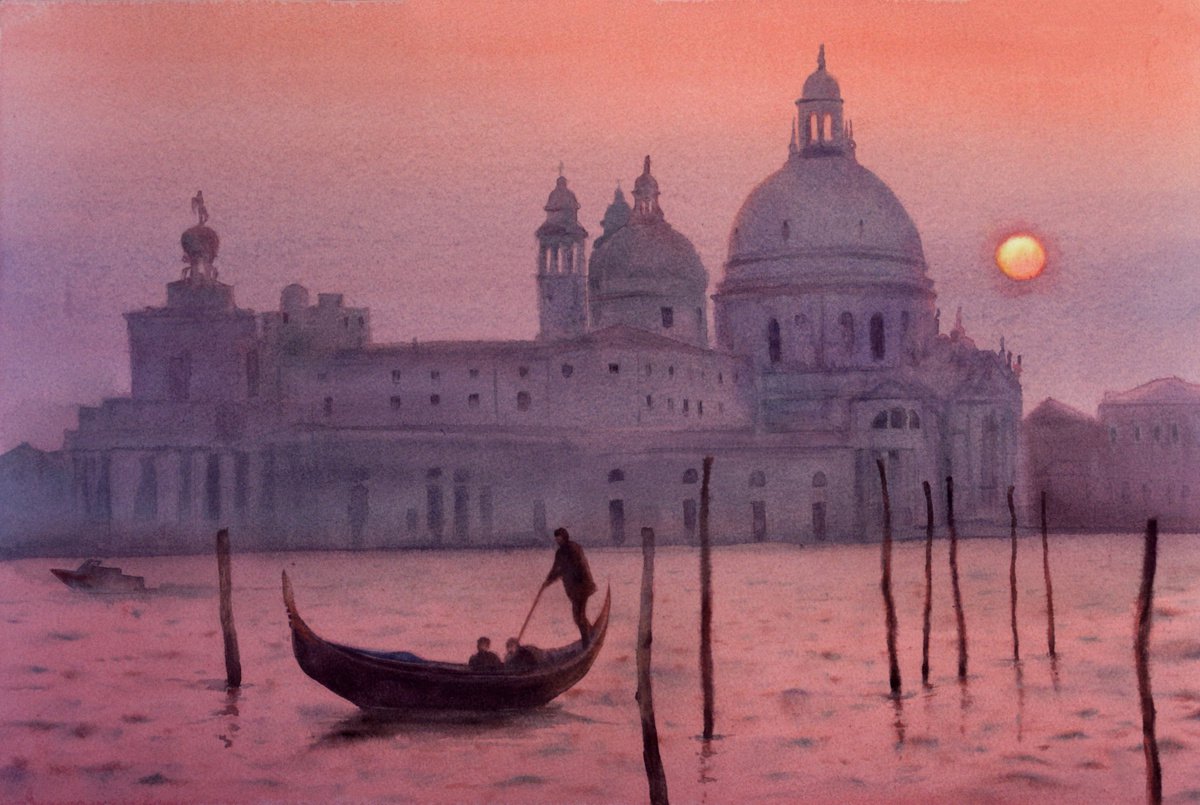 Gondola with Santa Maria Della Salute at pink sunset - Grand canal - Venice - Venezia - Ve... by Olga Beliaeva Watercolour