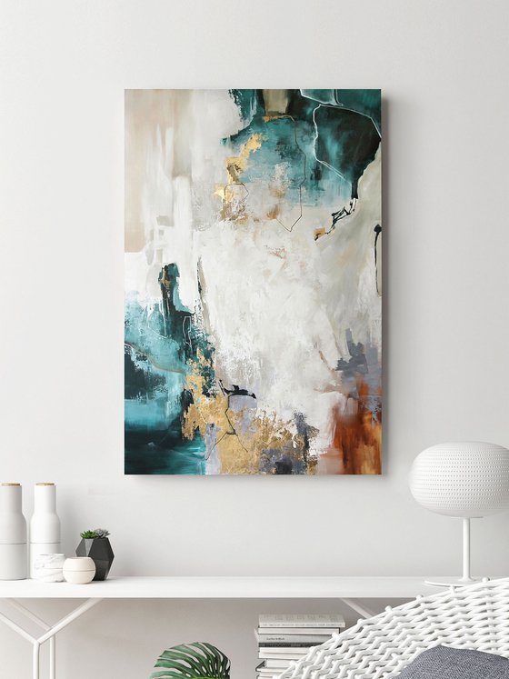 "Teal bloom" Emerald green gold abstract art