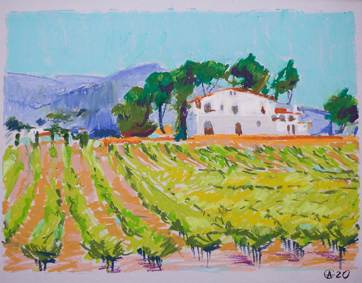 France province from the train window. Original oil pastel painting. Small one of a kind d... by Sasha Romm