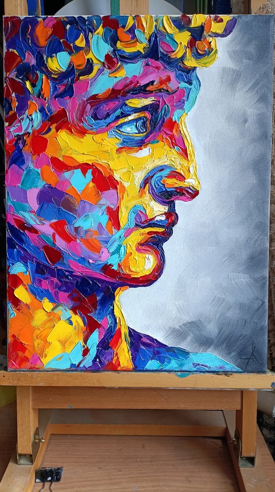 David - oil painting, Michelangelo, portrait, man face, Michelangelo's sculpture, man portrait, David face