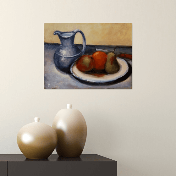 Still life with pewter jug and fruit
