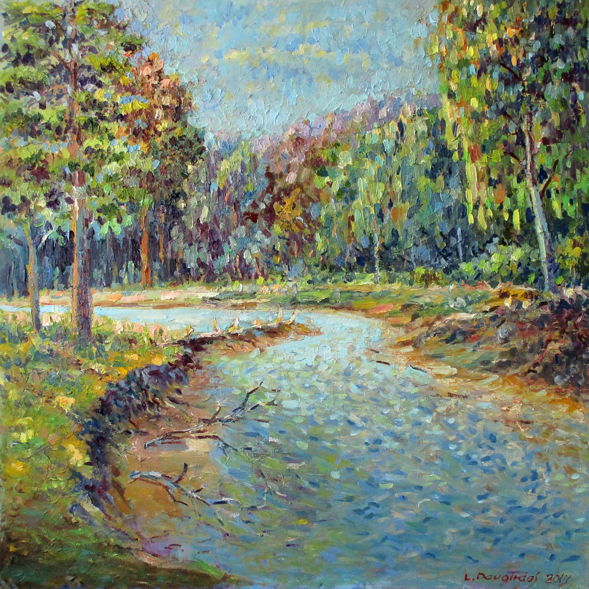 Impressionistic Landscape Oil Painting By Liudvikas Daugirdas, 35 X 35", The Forest River, Original Artwork