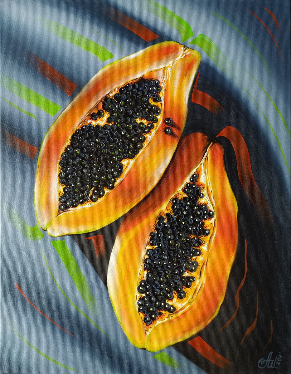 Impressionistic Still Life Oil Painting By Anna Shabalova, 14 X 18, Juicy Papaya, Original Artwork