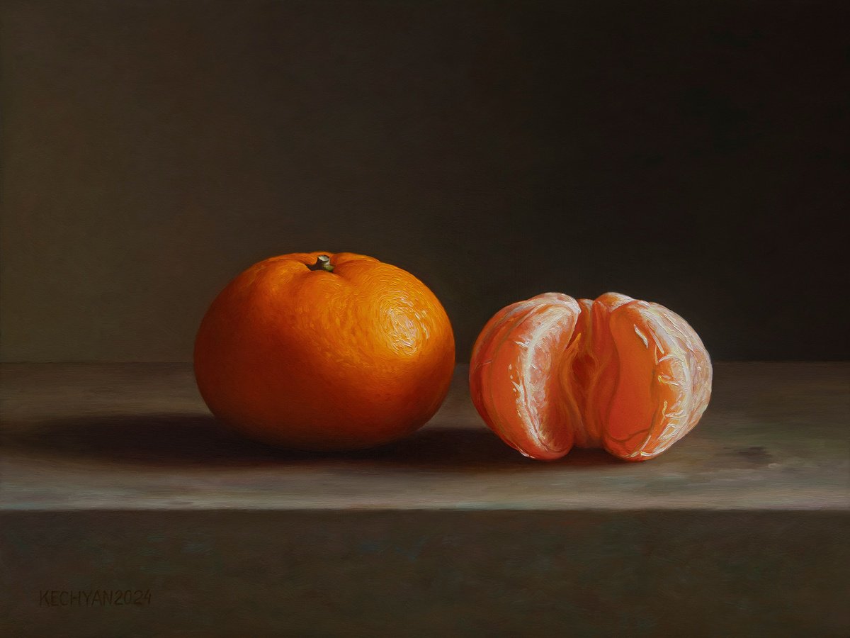 Photorealistic Still Life Oil Painting By Albert Kechyan, 13 X 9, Mandarins, Original Artwork