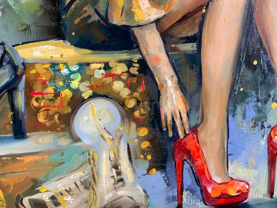 Red Shoes - Oil Figurative Original Painting