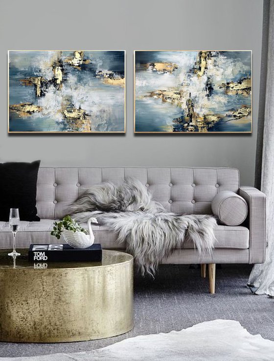 Distractions - 72" x 24" Abstract Painting, Set of Two Paintings, Multi Panel Abstract, ORIGINAL Painting, Gold Leaf Painting, Black and Gold, Large Art