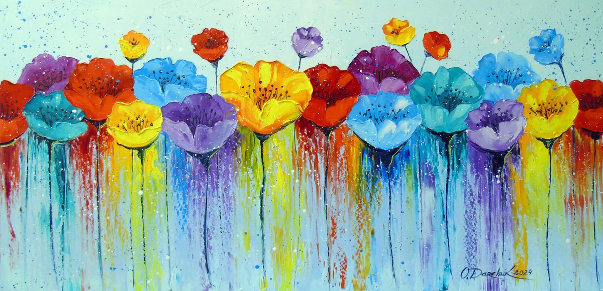 Impressionistic Botanical Oil Painting By Olha Darchuk, 39 X 20", Abstract Colorful Poppies, Original Artwork