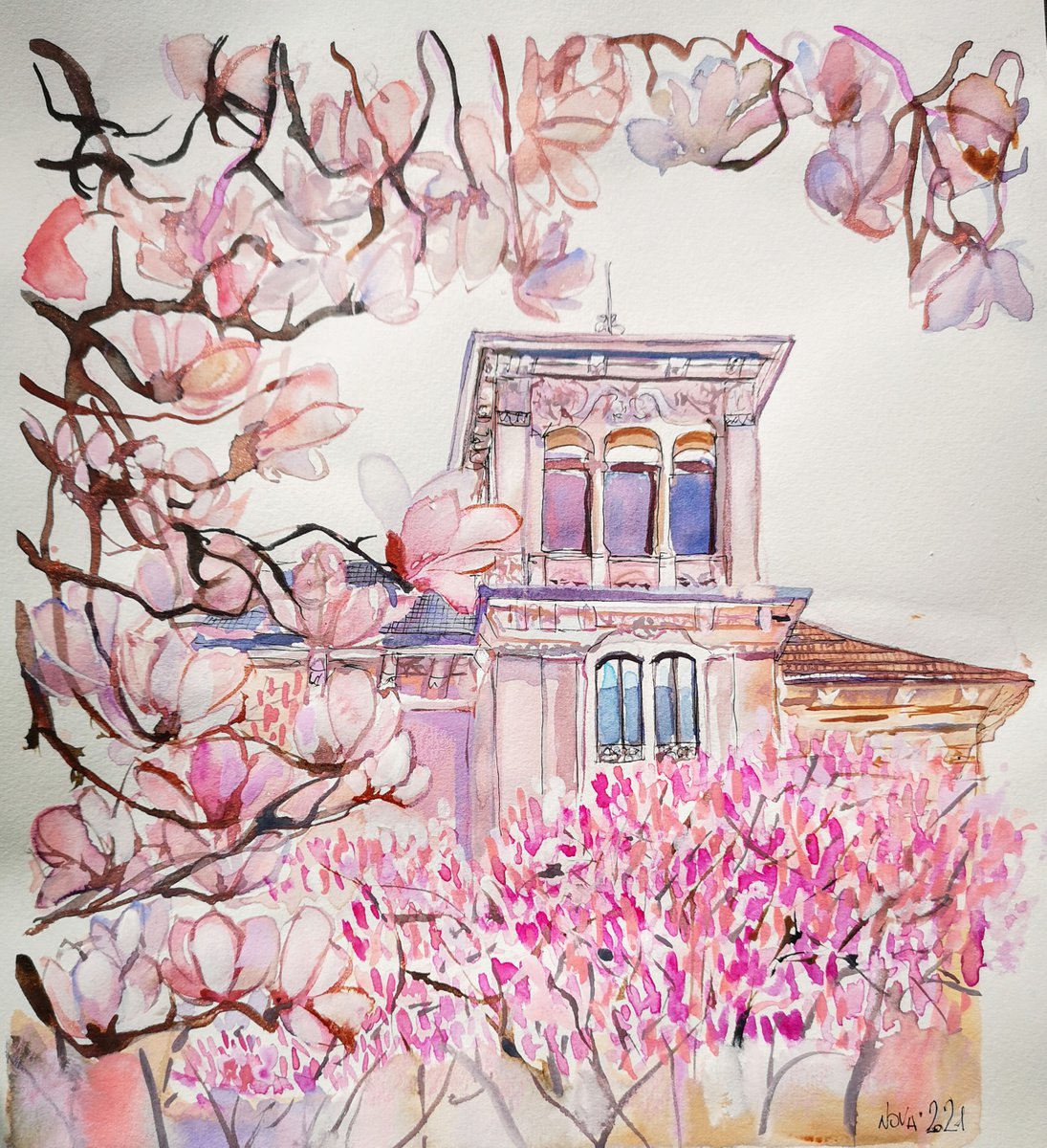Impressionistic Watercolour , Blooming Magnolia By Jelena Nova, 9 X 10, Artwork For Sale On Artfinder