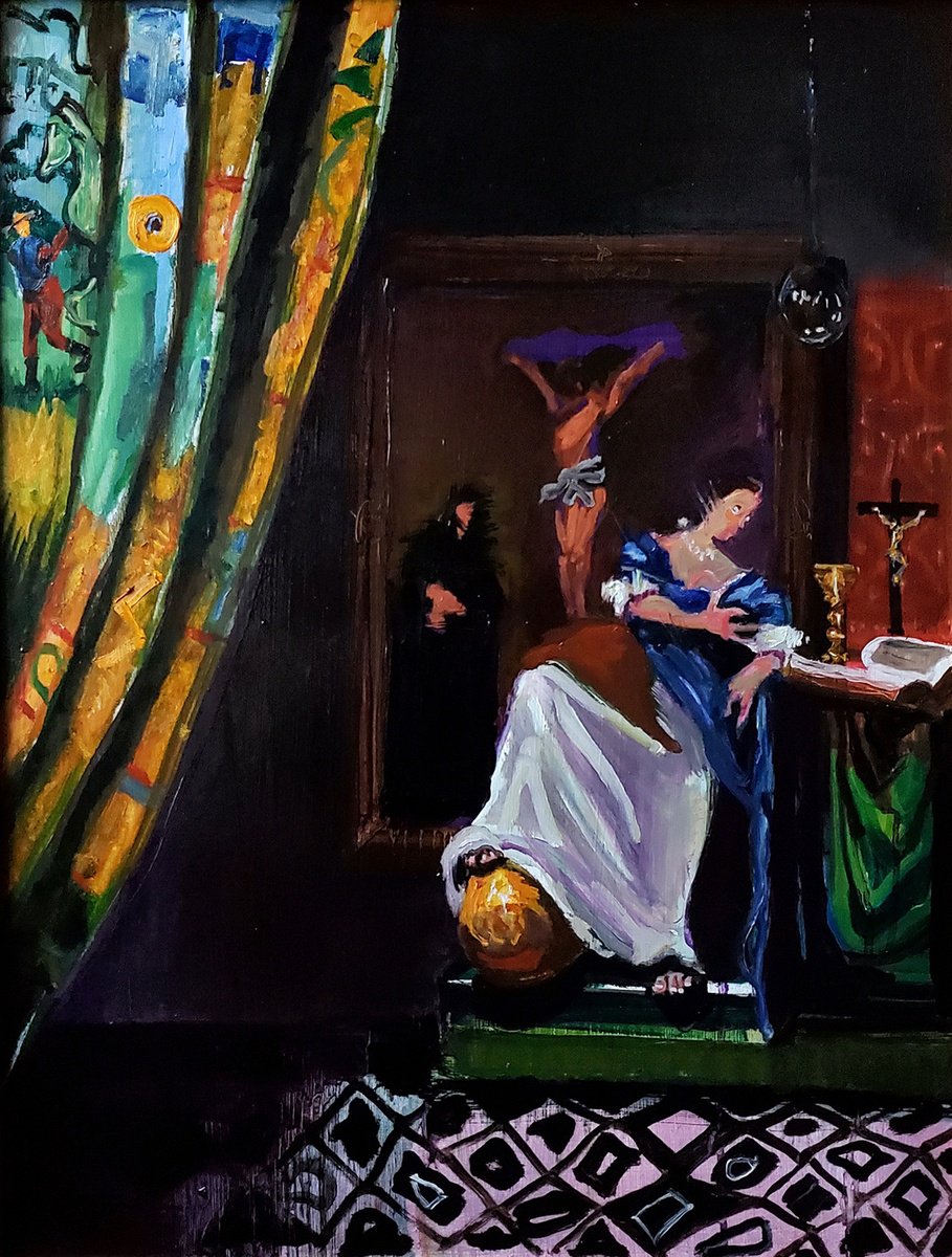 Cartoon Portrait Oil Painting By Shelton Walsmith, 24 X 30", After Vermeer, Original Artwork