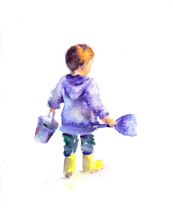Child with bucket and spade - original watercolour painting