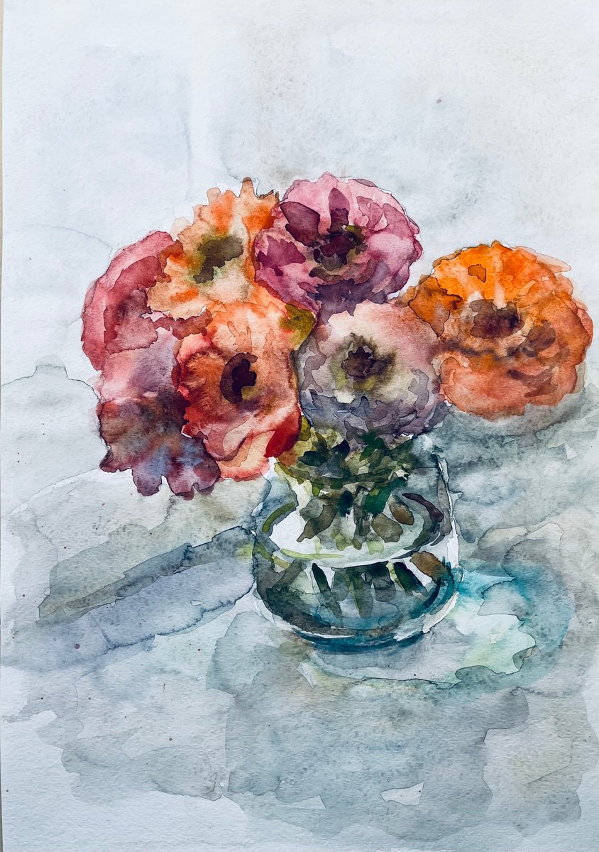 Impressionistic Still Life Drawing By Elena Klyan, 11 X 17, Bouquet Of Anemones., Original Artwork