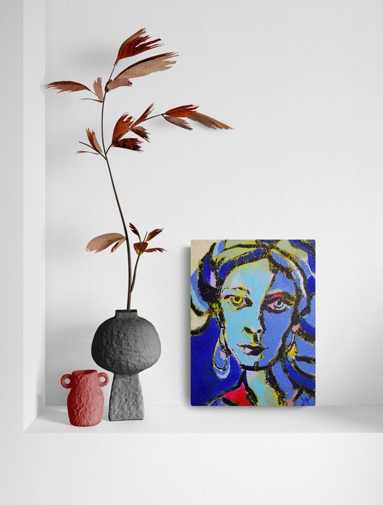 EVA - colourful pop art portrait, bright bold happy painting, small, great christmas gift for her