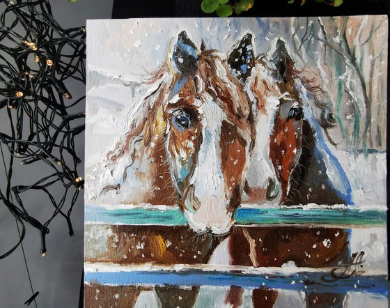 Horse oil painting, Animals portrait painting, Christmas wall art oil painting