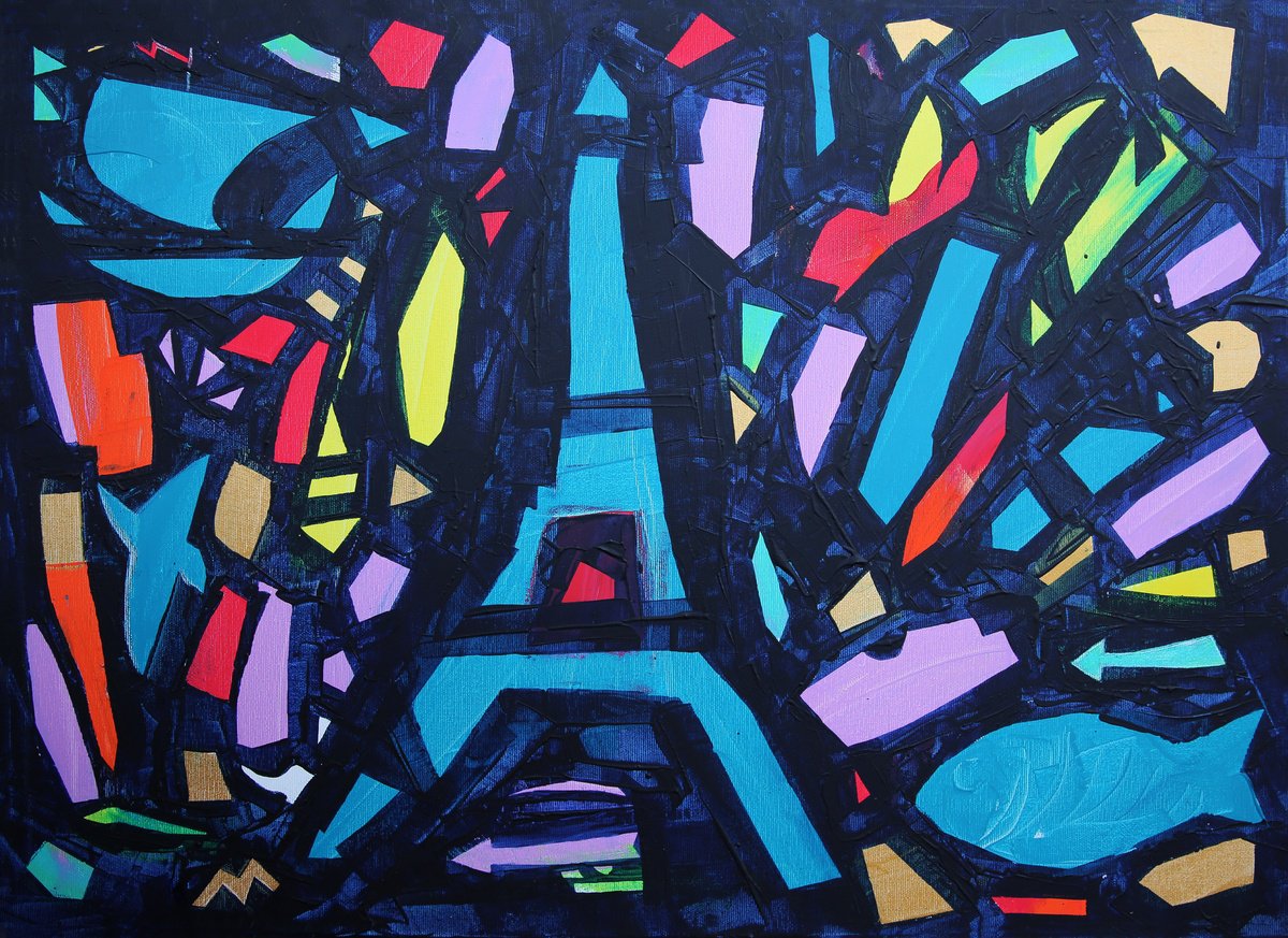 Geometric Cityscapes Acrylic Painting By Denys Kuvaiev, 28 X 20, Come Back To Paris, Original Artwork