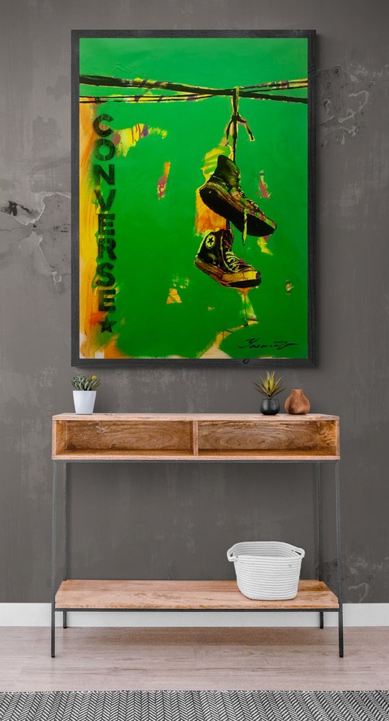 Green vertical painting - "CONVERSE" - Pop Art - Street Art - Sneakers - Urban Art - Electric wires