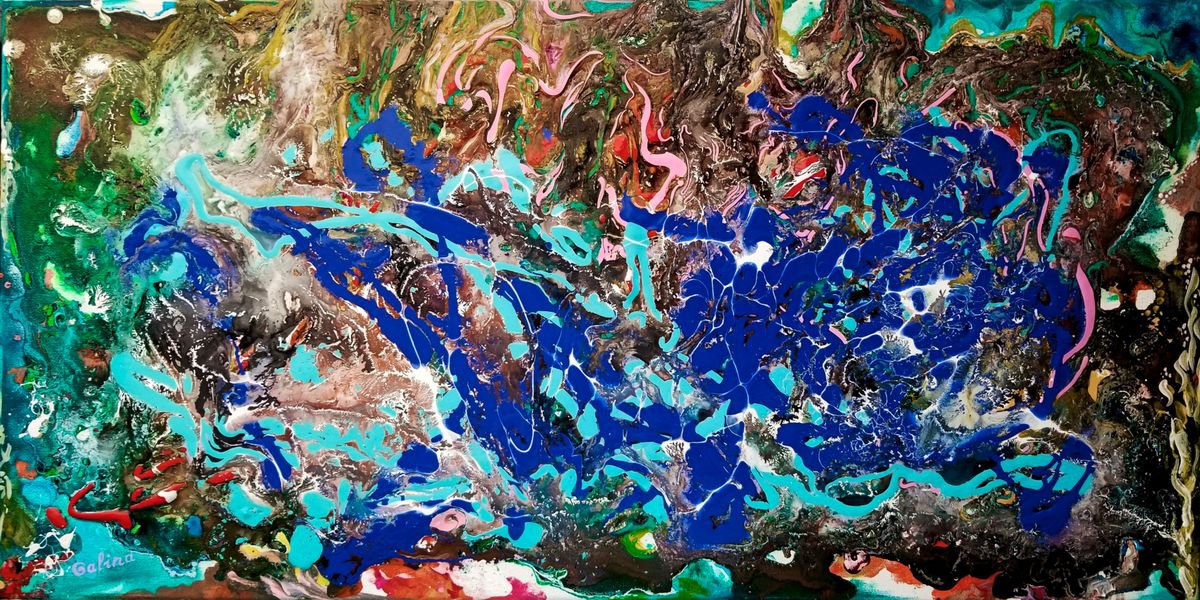 Expressive Abstract Acrylic Painting By Galina Victoria, 24 X 12, Genesis Ii, Original Artwork
