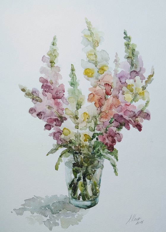 Bouquet. Antirrhínum.  Original watercolor painting.