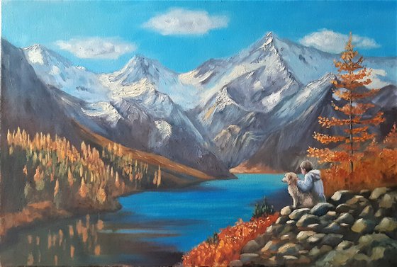 Charmed-two in the mountains by the lake, man and dog, mountain lake, autumn in the mountains, oil painting, home decor, original gift.
