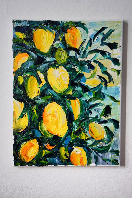 Lemons oil painting, tropical wall art, fruits canvas art, kitchen decor