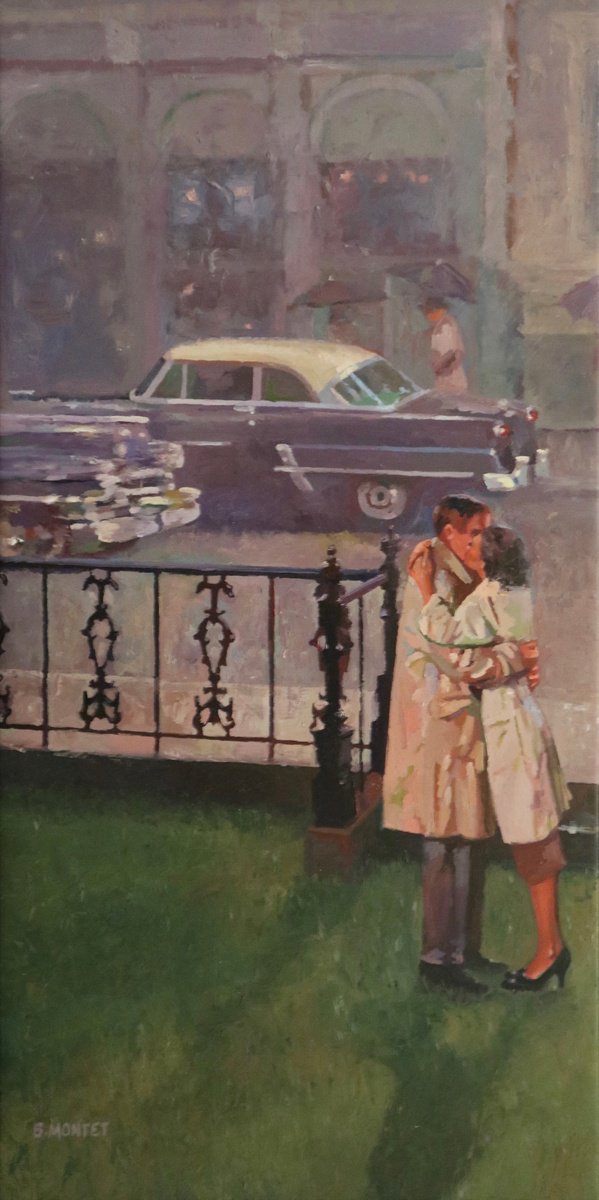 Expressive Portrait Oil Painting By Benoit Montet, 18 X 34, Les Amants Sous La Pluie , Original Artwork