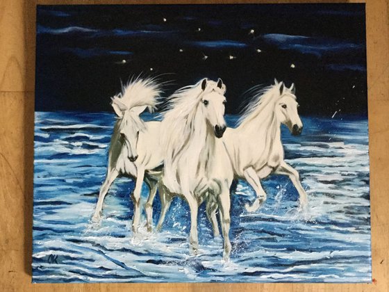 White horses running on the waves. Starry night.