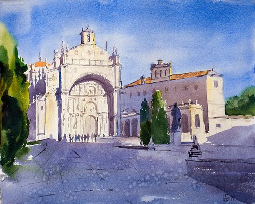 Convento de San Esteban in the afternoon light. Salamanca, Spain. Original watercolor. by Sasha Romm