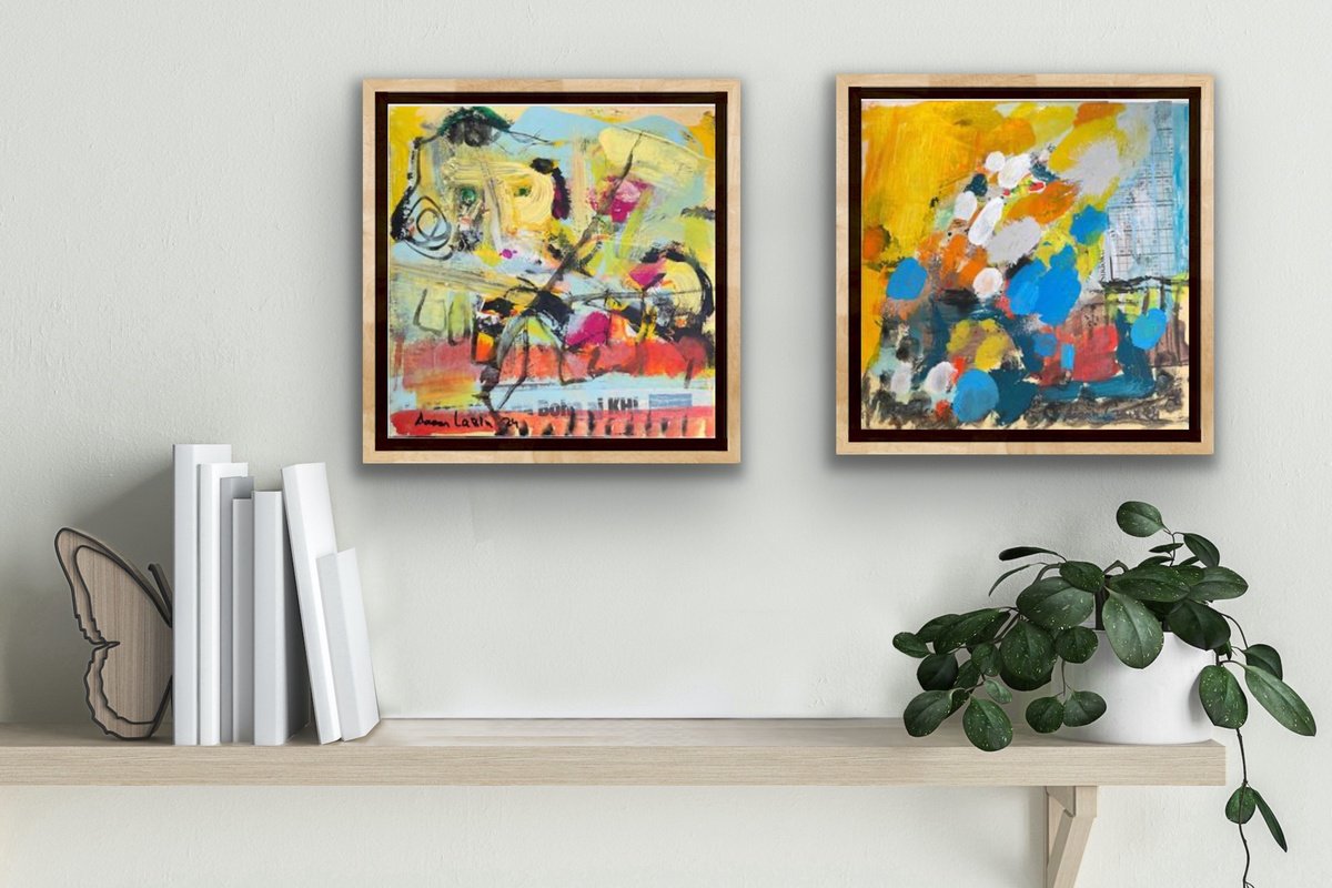 Impressionistic Abstract Painting By Aaaron Labin (Grigoryan), 12 X 12, Blue And Yellow Fantasy, Original Artwork