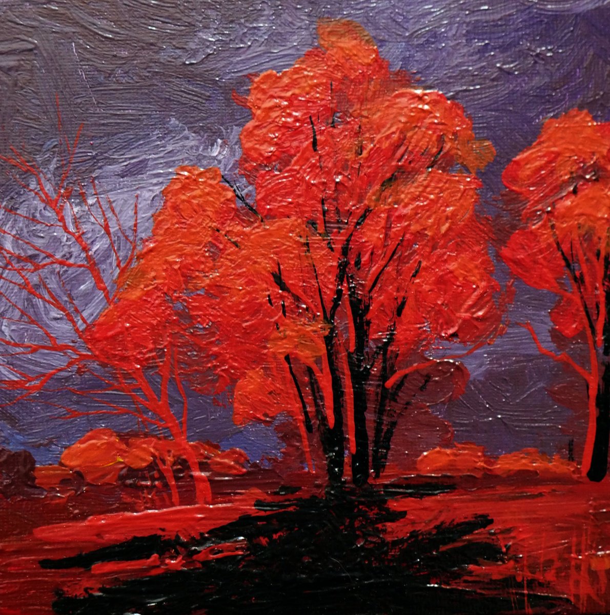 Impressionistic Landscape Acrylic Painting By Eugene Gorbachenko, 6 X 6, Bloody Sunset, Original Artwork