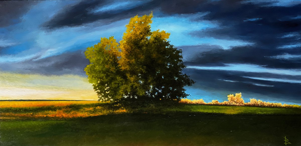 Impressionistic Landscape Oil Painting By Oleg Baulin, 31 X 16", Landscape With A Tree, Original Artwork