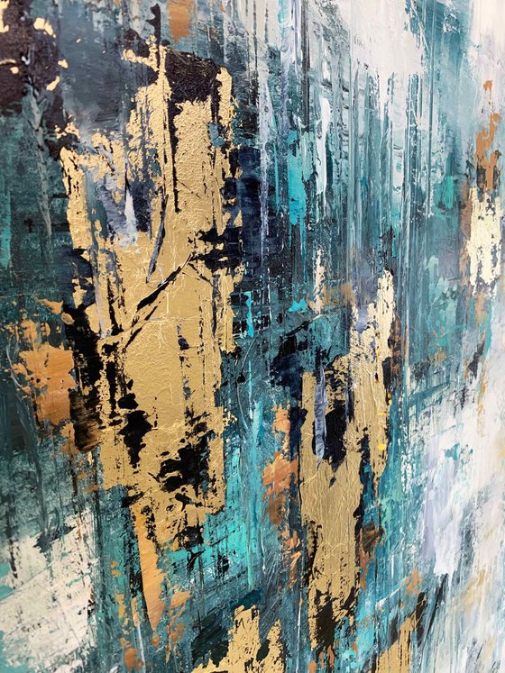 Sky Reflect - Abstract Painting 36" , Gold Leaf Large Painting, Wall Art, Abstract Art, Contemporary Art, Living Room Minimalist Painting