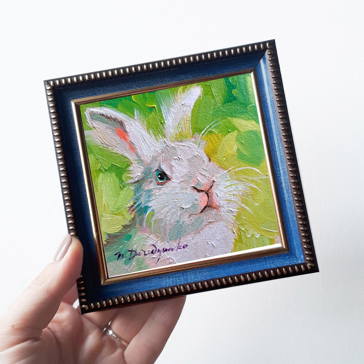 White rabbit painting original framed 4x4, Small painting framed rabbit artwork by Nataly Derevyanko