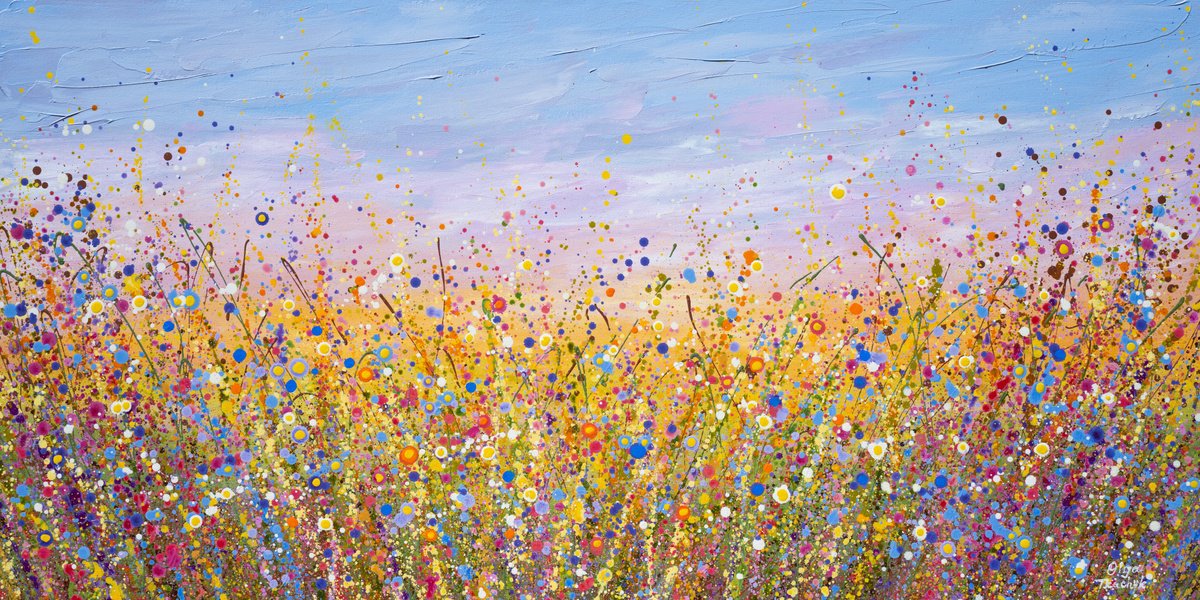 Impressionistic Botanical Acrylic Painting By Olga Tkachyk, 48 X 24", Radiant Meadow - Vibrant Floral Painting, Original Artwork