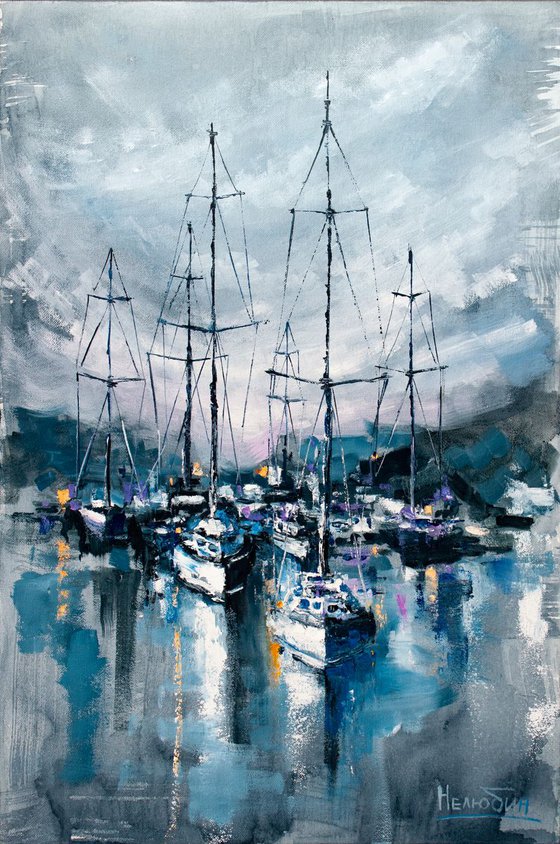"Sailboats in the harbor" yachts at sea, landscape