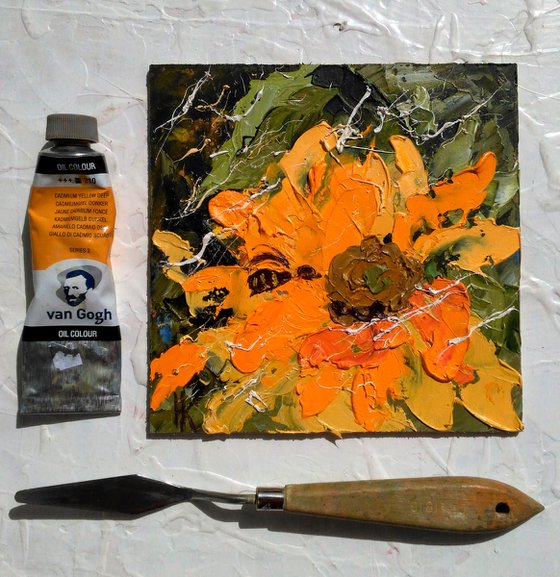 Sunflower Painting Bee Original Art Flower Small Oil Impasto Palette Knife Floral Artwork 6 by 6 inches