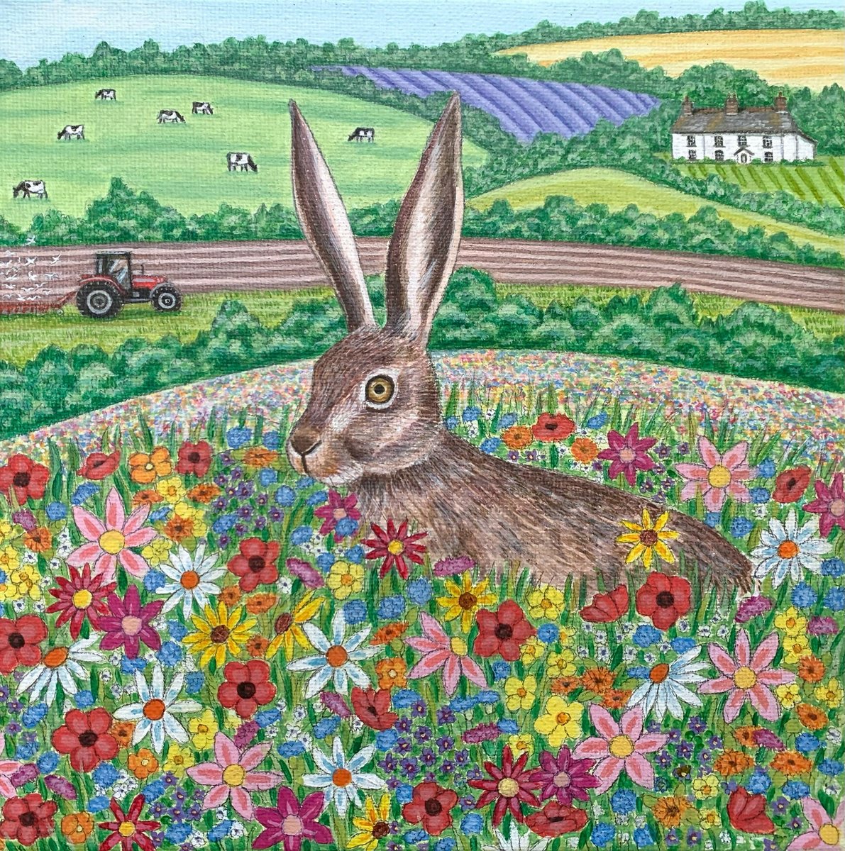 Naive Animal Acrylic Painting By Lisa Davies, 9 X 9", Hare In Wildflower Meadow, Original Artwork