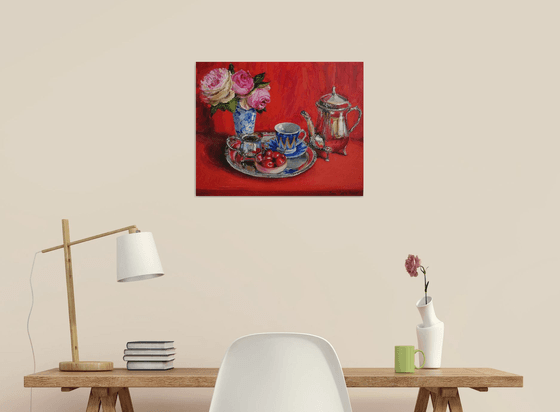 Pink roses bouquet with Antique teapot on red fabric still life oil painting