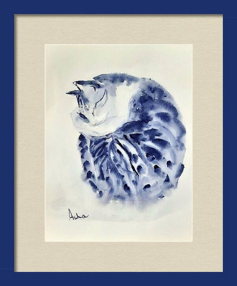 Impressionistic Watercolour , Curled Up Sleeping Tabby Cat By Asha Shenoy, 8 X 12, Artwork For Sale On Artfinder