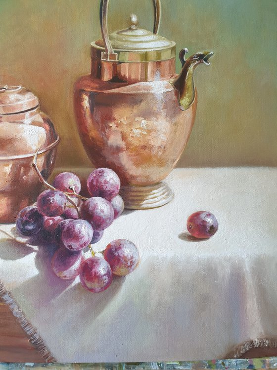 "Still life with grapes and an old exquisite  copper-brass utensil." still life grapes old brass jug summer  liGHt original painting  GIFT (2021)