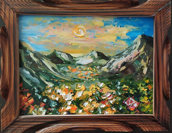 Holiday in mountains, original framed landscape oil painting, art for home