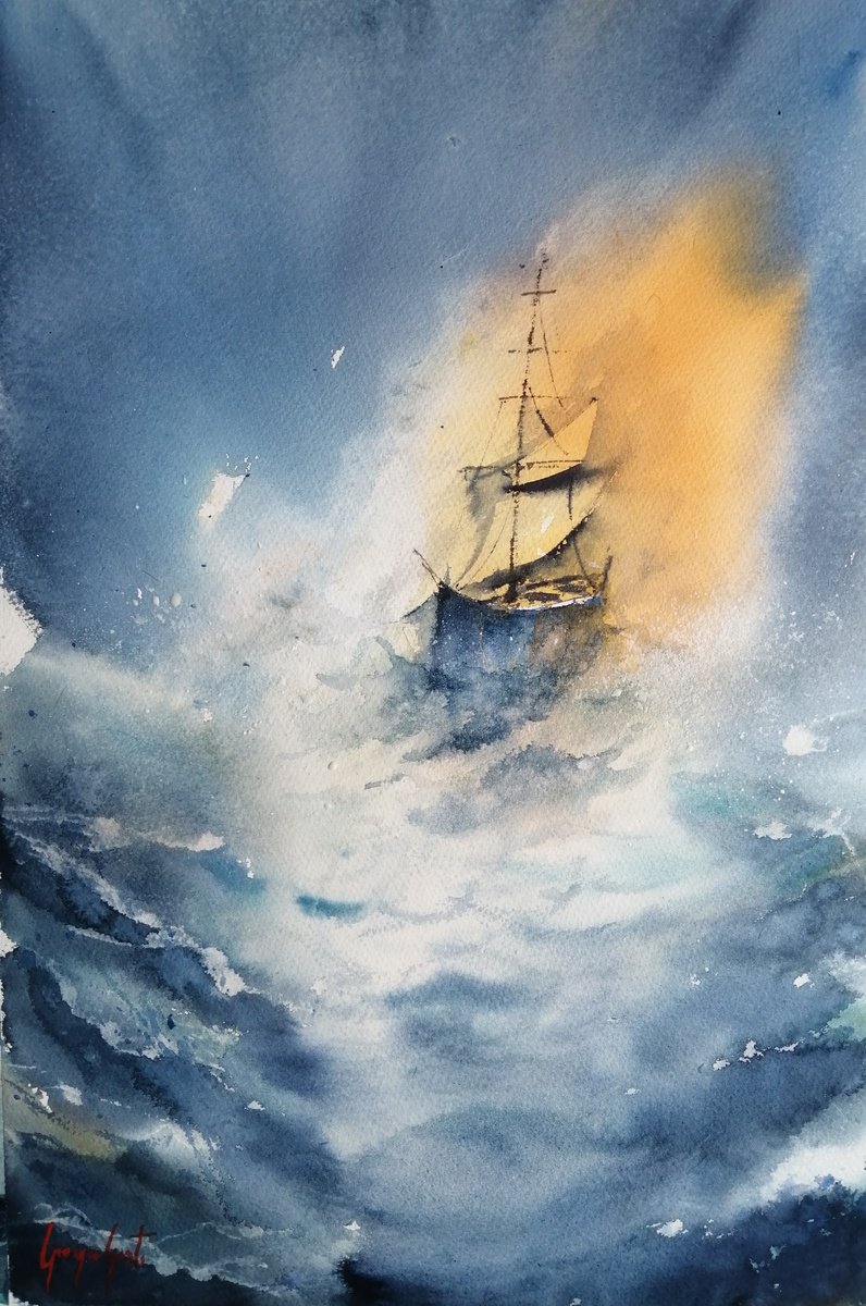 Impressionistic Watercolour , Boat In The Storm 6 By Giorgio Gosti, 14 X 21, Artwork For Sale On Artfinder